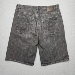 VINTAGE Ecko Unltd‎ Jean Shorts Mens 38 Black Baggy Wide Leg Embroidered Y2K